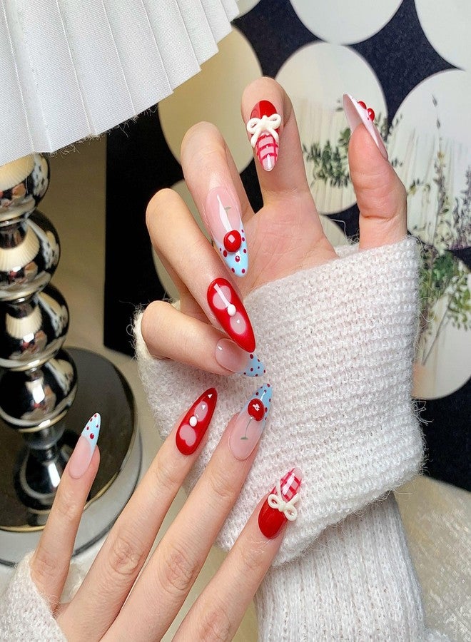 CTTHNBD Medium Press on Nails Almond - Handmade Fake Nails with 3D Bow Cherry Design - Red Full Cover Glue on False Nails for Women - (Size M) - Image 4